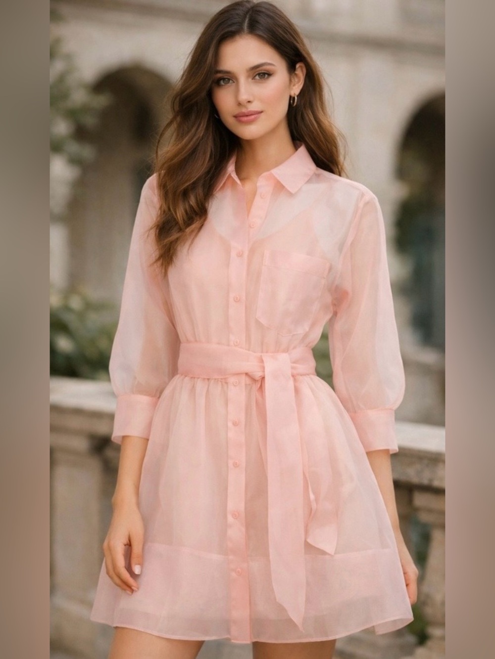 Maje Sheer Pink Shirt Dress with Waist Tie